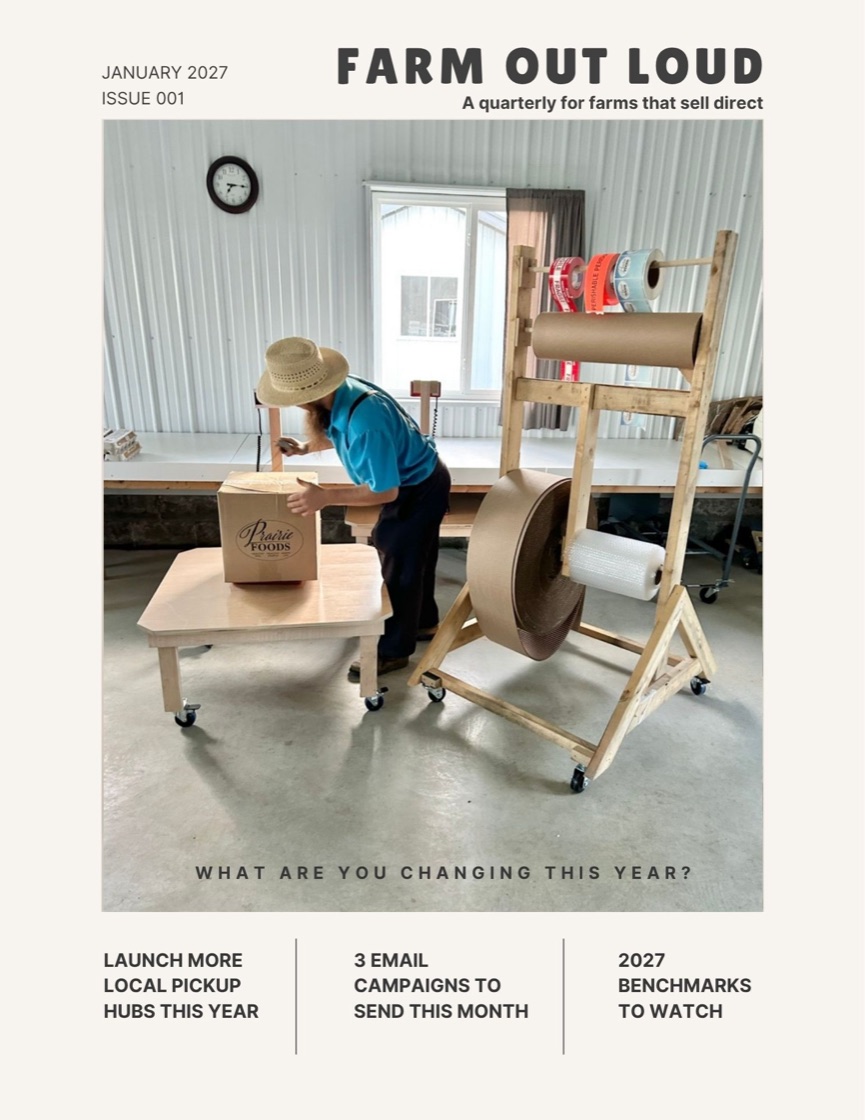 Cover of Farm Out Loud Issue 001, January 2027. A farmer packs a Prairie Foods box at a packing station stacked with label rolls and kraft paper.